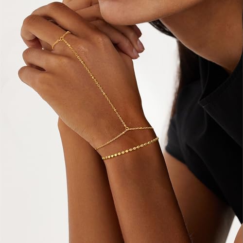 Moodear Trendy Gold Hand Chain Bracelet - Dainty Adjustable 14K Gold Plated Layered Dot Satellite Link Non Tarnish Ring Bracelets for Women Jewelry Gift - Image 2