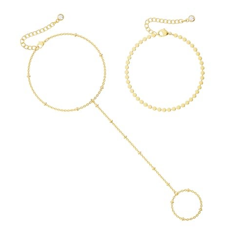 Moodear Trendy Gold Hand Chain Bracelet - Dainty Adjustable 14K Gold Plated Layered Dot Satellite Link Non Tarnish Ring Bracelets for Women Jewelry Gift - Image 1