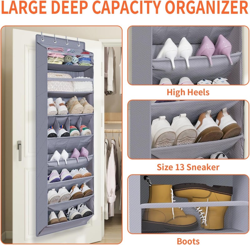 FENTEC 8 Tier Hanging Shoe Storage Organiser, Door Shoe Rack with Deep Pockets and Sturdy Hooks, Space Saving, Grey - Image 3