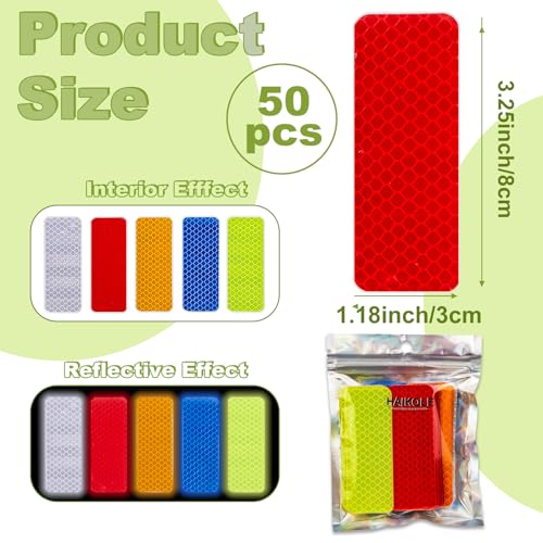 Haikole Reflective Tape 50PCS Reflective Tape Outdoor Waterproof,Safety Warning Reflective Stickers for Vehicle,Bicycles,Motorcycles,Helmet,Mailbox Bag (50, Rectangular 5-Color) (50, Rectangle) - Image 2