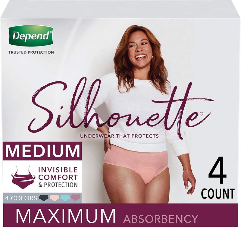 Depend Depend Silhouette Incontinence and Postpartum Underwear for Women, Maximum Absorbency, Disposable, Medium, Pink/Black/Teal/Berry, 4 Count 