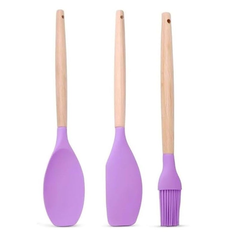 Sugalsu Beautiful Household Pot Kitchen Utensil Set Cooking Utensils NonStick BPA Free Heat Resistant Food Grade Silicone and Wooden Handle Kitchen Gadgets Cookware Set Set of 3 Purple - Image 1