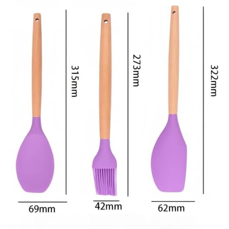 Sugalsu Beautiful Household Pot Kitchen Utensil Set Cooking Utensils NonStick BPA Free Heat Resistant Food Grade Silicone and Wooden Handle Kitchen Gadgets Cookware Set Set of 3 Purple - Image 2