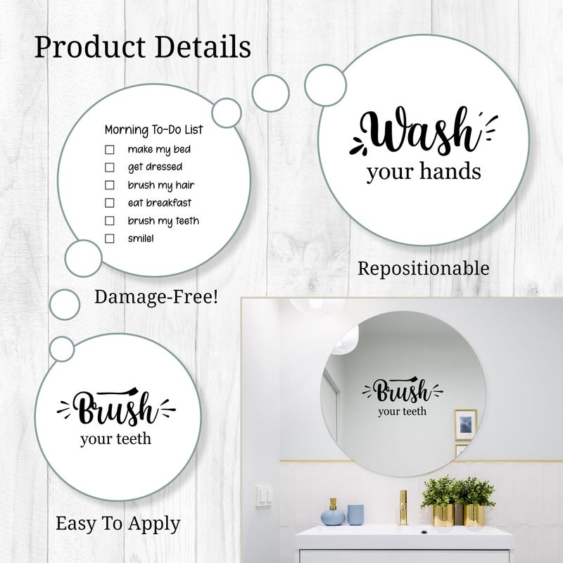 WALL PALZ اغسل يديك شارات الجدار الحمام - ملصقات فينيل أسود للدش المرآة الجدران | قائمة المهام الصباح | فرش أسنانك - Image 2