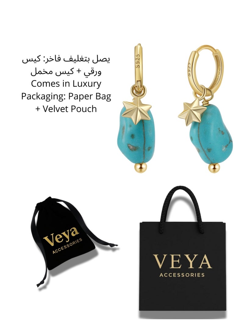 ڤيا "أقراط من Veya مصنوعة من الفضة الأصلية عيار 925 ومطلية بالذهب عيار 14، بتصميم فريد يجمع بين الحجر الفيروزي والنجمة الذهبية ليمنحك إطلالة جريئة وعصرية مستوحاة من ألوان البحر والطبيعة. ✨ تأتي داخل باكيج فاخر يعكس فخامة القطعة وجودة العلامة." - Image 5