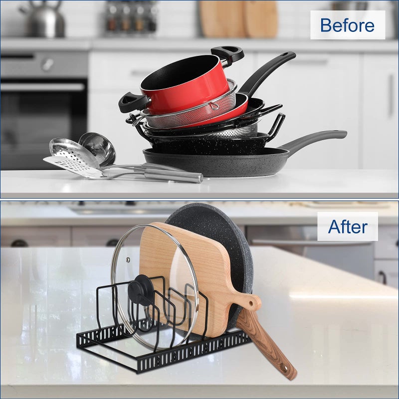 Toplife Pot Lids Organizer Rack for Cabinet and Countertop, 7+ Pan Lids and Bakeware Organizer Rack Holder with 7 Adjustable Compartments - Black - Image 3