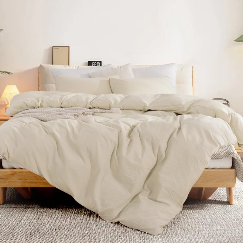 NEXHOME PRO مجموعة غلاف لحاف Nexhome Pro 100 ٪ من القطن المغسول بالحجم الكامل الكتان يشعر بأنه محكم طبيعية 3 قطع الفراش مع إغلاق السوستة وروابط الزاوية التنفس (الكريمة رمادية لا المعزي) - Image 4