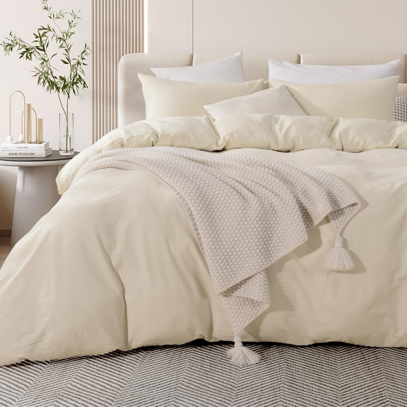 NEXHOME PRO مجموعة غلاف لحاف Nexhome Pro 100 ٪ من القطن المغسول بالحجم الكامل الكتان يشعر بأنه محكم طبيعية 3 قطع الفراش مع إغلاق السوستة وروابط الزاوية التنفس (الكريمة رمادية لا المعزي) - Image 1