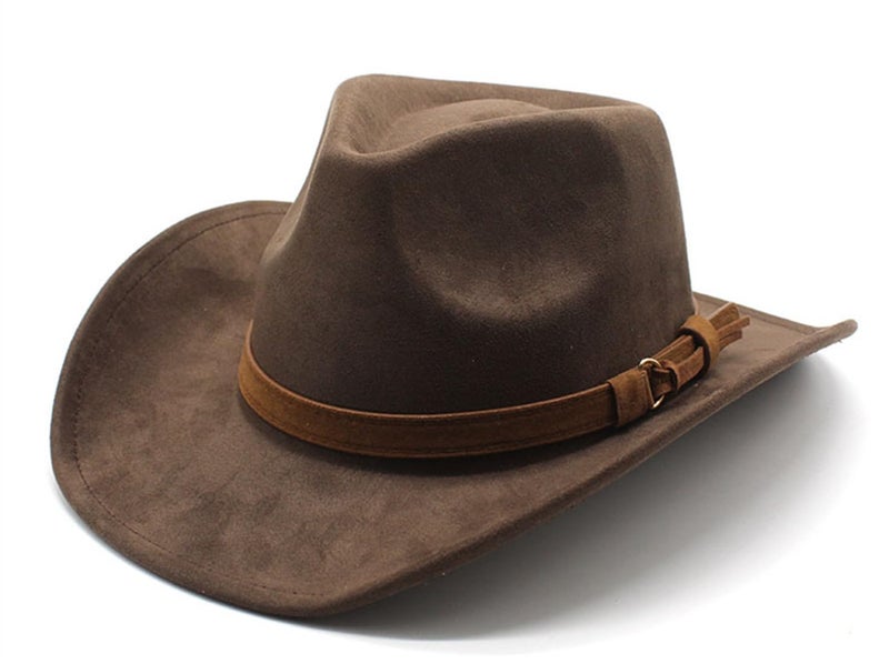 CCAKXCJJ Unisex Western Suede Cowboy Cowgirl Hat Classic Wide Brim Fedora Hat for Men &Women 197-Brown - Image 1