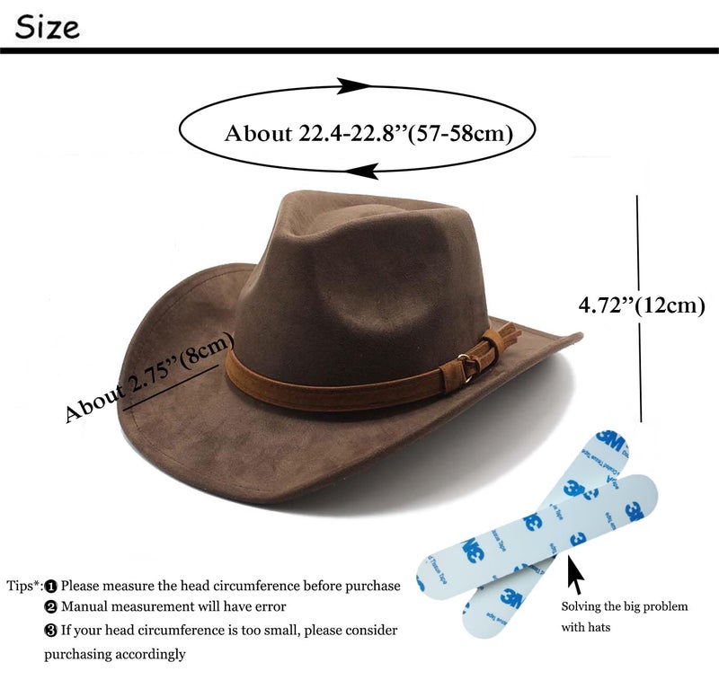 CCAKXCJJ Unisex Western Suede Cowboy Cowgirl Hat Classic Wide Brim Fedora Hat for Men &Women 197-Brown - Image 2