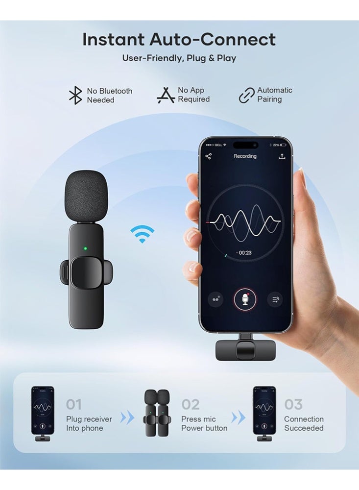 JOYBOS عبوة من 2 ميكروفون لاسلكي للياقة لجهاز iPhone وiPad وهواتف Android، ميكروفون ياقة قابل للتوصيل والتشغيل، ميكروفون لاسلكي صغير لتقليل الضوضاء لتسجيل الفيديو والمقابلات والبودكاست ومقاطع الفيديو على YouTube وTiktok - Image 2