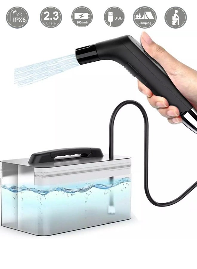 Rechargeable handheld bidet for travel, trips and camping with a 2.3 liter water tank
