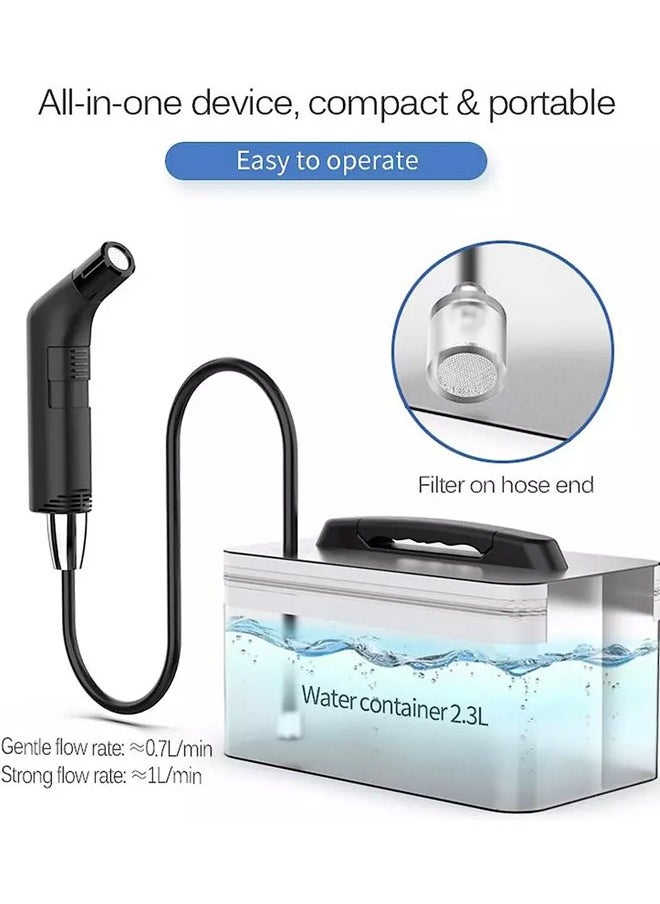 Rechargeable handheld bidet for travel, trips and camping with a 2.3 liter water tank