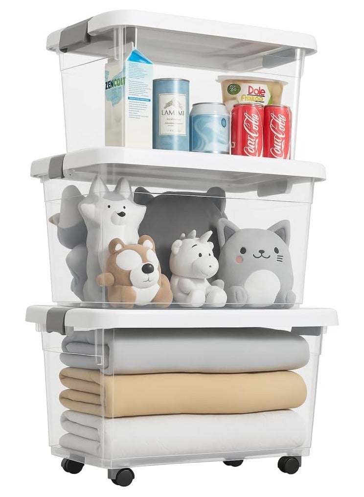 Storage Boxes Multi-Size Transparent Storage Box with Lid & Wheels – Stackable Organizer Bin with Front & Top Opening – Plastic Storage Container for Clothes, Toys, Pantry & Home Use