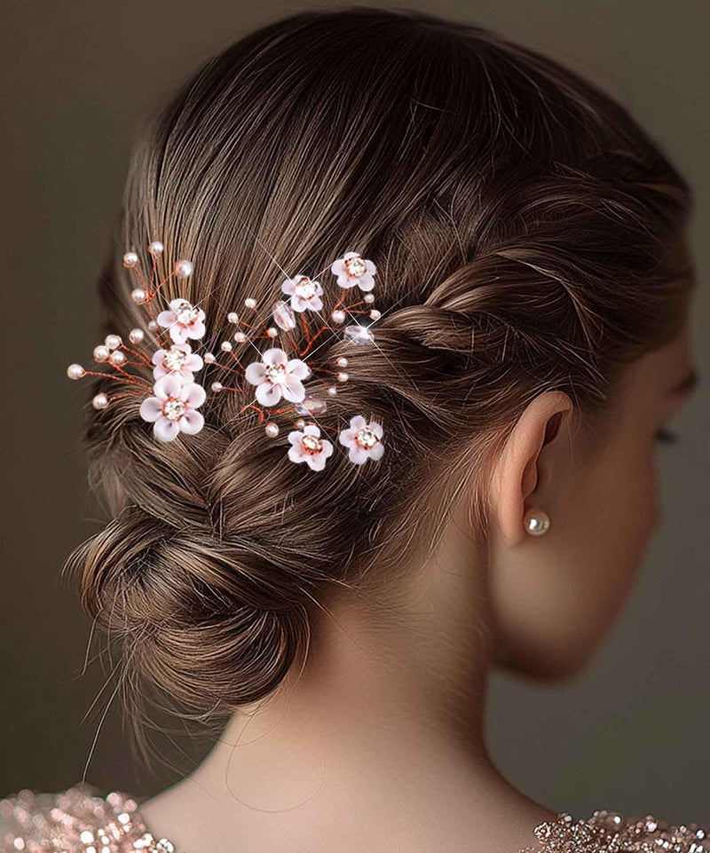 Fstrend Bridal Wedding Hair Pins White Flower Clip Silver Bride Hair Accessory for Women and Girls Rose gold
