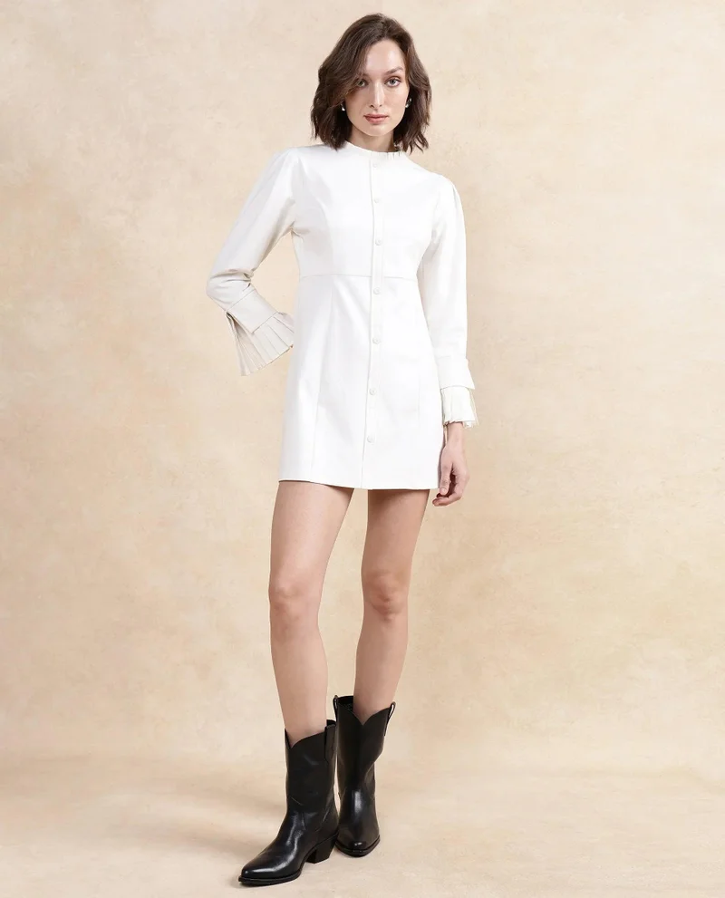 Rareism Women's Knit Dress With Woven Collar And Cuff