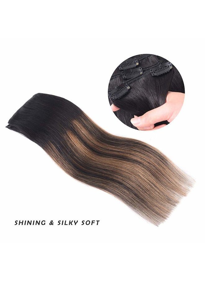 Winsky - 12" Clip in Hair Extensions Remy Human Hair for Women - Silky Straight Black Balayage Clip on Real Hair Extensions 50grams 4pieces(12inches, 1BT6P1B) - Image 1