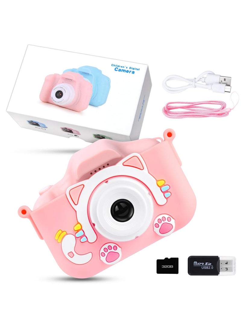 أ أ س إكوم ألعاب كاميرا للأطفال للفتيات من سن 3 إلى 12 سنة، كاميرا فيديو رقمية للأطفال مع غطاء سيليكون لطيف، لعبة يونيكورن المحمولة للأطفال، هدايا عيد ميلاد للأطفال الصغار في سن 3 4 5 6 7 8 9 (وردي) - Image 1