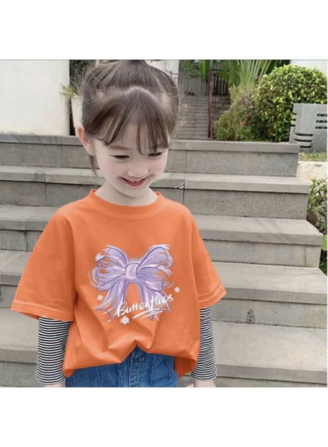 Girls' New Round Neck Fake Two-piece T-shirt Baby Patchwork Inner Wear Long Sleeve Mid-child Autumn Spring Pure Cotton Base Layer Top