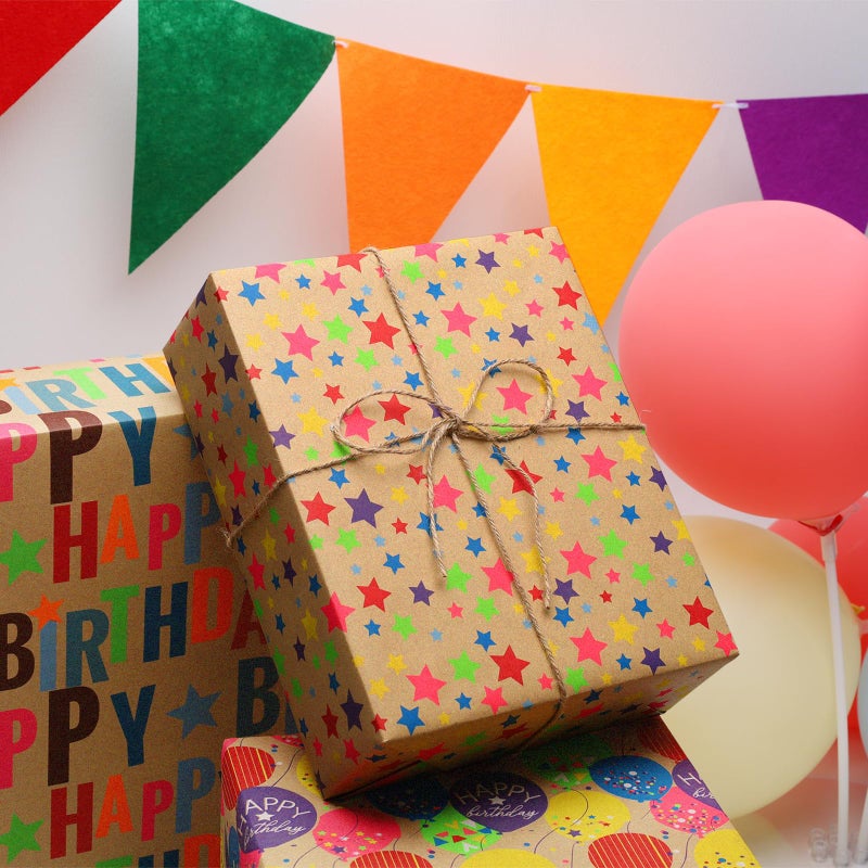 BIOBROWN Kraft Wrapping Paper Roll Colorful Stars Design Perfect for Birthday Holiday Wrap 17 inch X 33 feet - Image 5