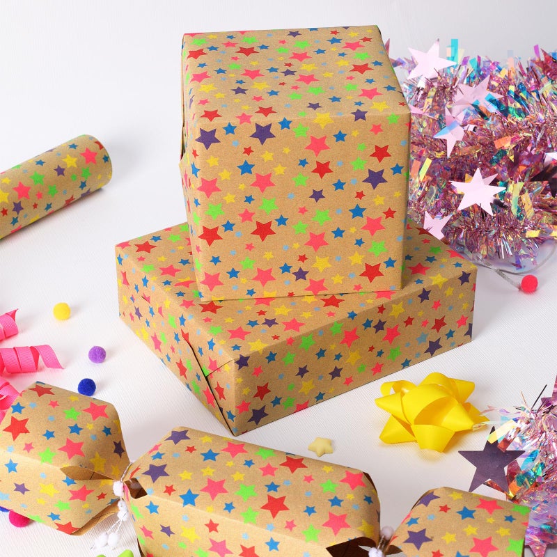 BIOBROWN Kraft Wrapping Paper Roll Colorful Stars Design Perfect for Birthday Holiday Wrap 17 inch X 33 feet - Image 2