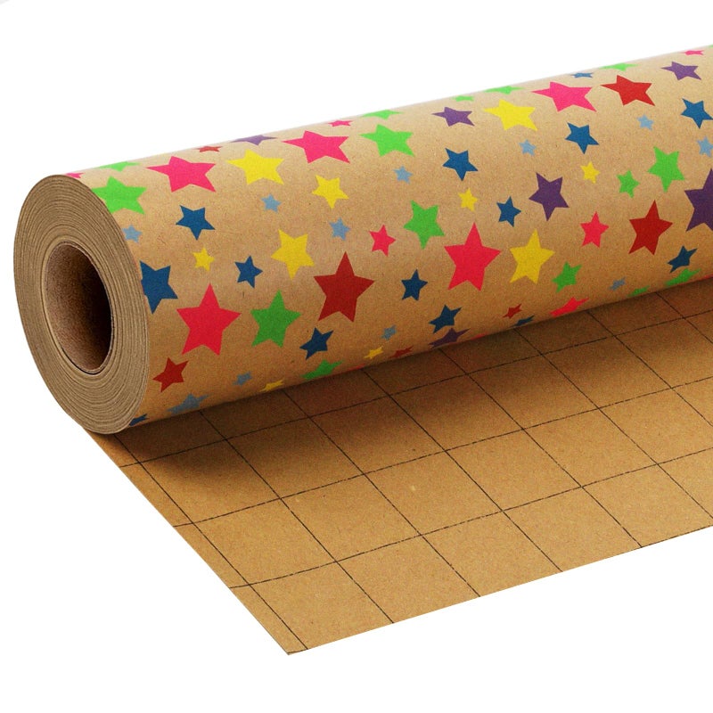 BIOBROWN Kraft Wrapping Paper Roll Colorful Stars Design Perfect for Birthday Holiday Wrap 17 inch X 33 feet - Image 1