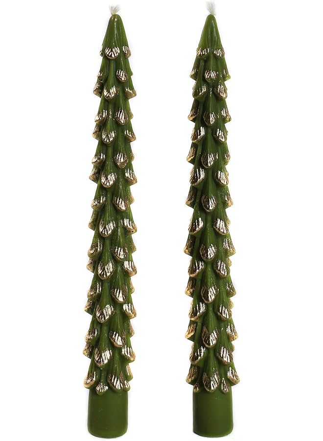 S-TOP Christmas Tree Shaped Taper Candles, Set of 2 – Elegant Green Candles with Gold Tips for Holiday Home Decor, Festive Table Centerpiece, Seasonal Decoration, Christmas Gift Idea for Home - Image 1
