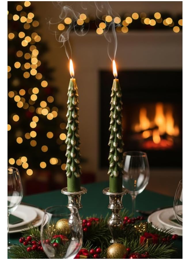 S-TOP Christmas Tree Shaped Taper Candles, Set of 2 – Elegant Green Candles with Gold Tips for Holiday Home Decor, Festive Table Centerpiece, Seasonal Decoration, Christmas Gift Idea for Home - Image 3