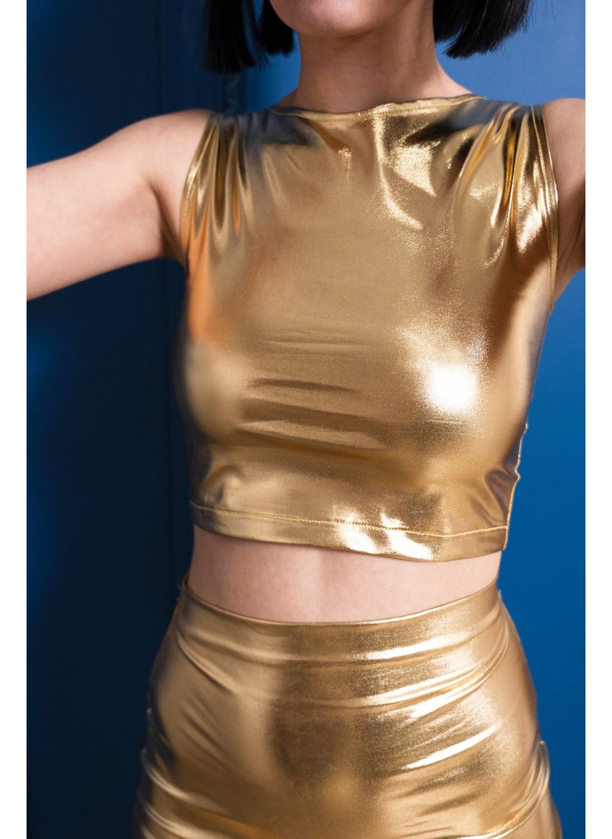 Due Stelle - Gold Backless Metallic Crop Top - Image 1