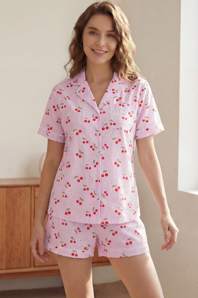 LUBOT 100% Cotton Women's Pajamas Set Button-Down Two-piece PJ Set Short Sleeve Printed Patterned Summer Sleepwear Loungewear (Cherry Blossom, M) - Image 2