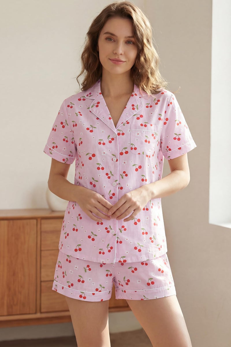 LUBOT 100% Cotton Women's Pajamas Set Button-Down Two-piece PJ Set Short Sleeve Printed Patterned Summer Sleepwear Loungewear (Cherry Blossom, M) - Image 4