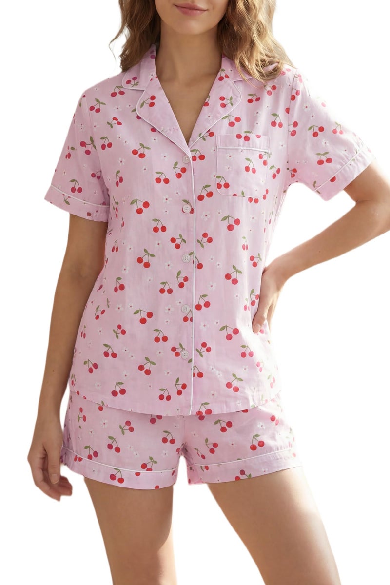LUBOT 100% Cotton Women's Pajamas Set Button-Down Two-piece PJ Set Short Sleeve Printed Patterned Summer Sleepwear Loungewear (Cherry Blossom, M) - Image 1
