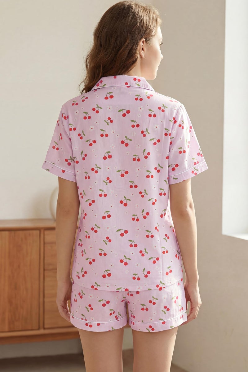 LUBOT 100% Cotton Women's Pajamas Set Button-Down Two-piece PJ Set Short Sleeve Printed Patterned Summer Sleepwear Loungewear (Cherry Blossom, M) - Image 5