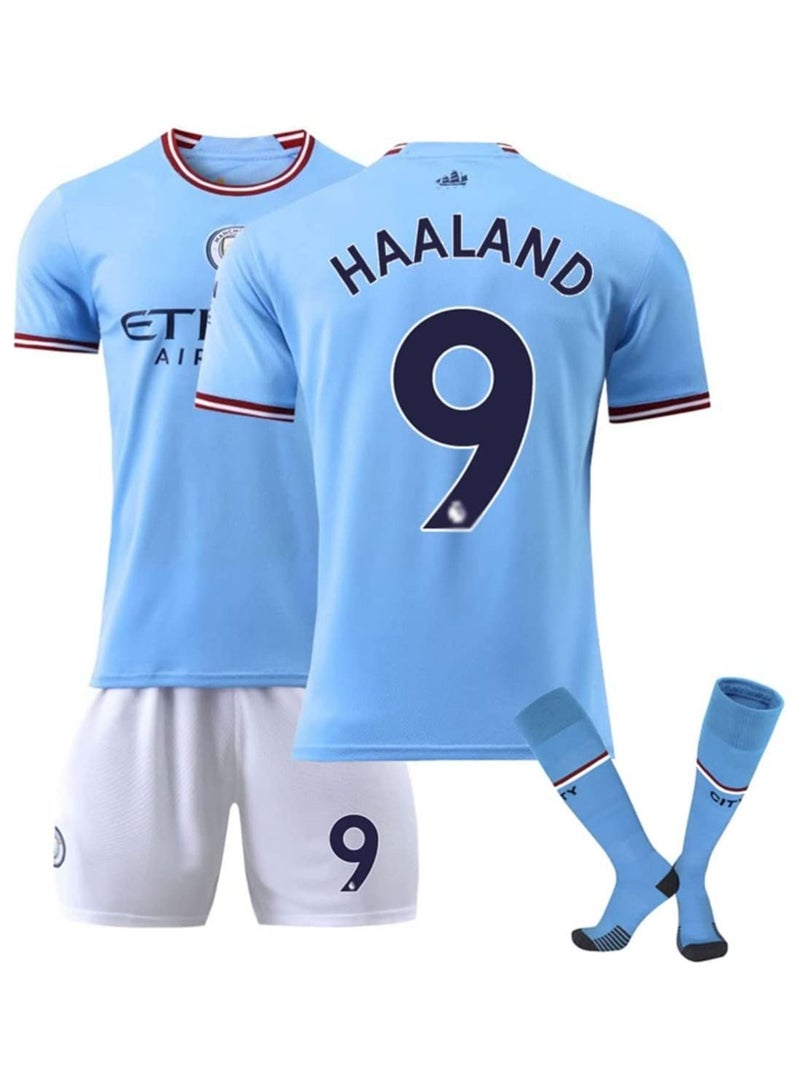 Haaland No.9 Manchester Home Blue Football Soccer Jersey/Shorts Socks Gift Set Youth Sizes  - Image 1