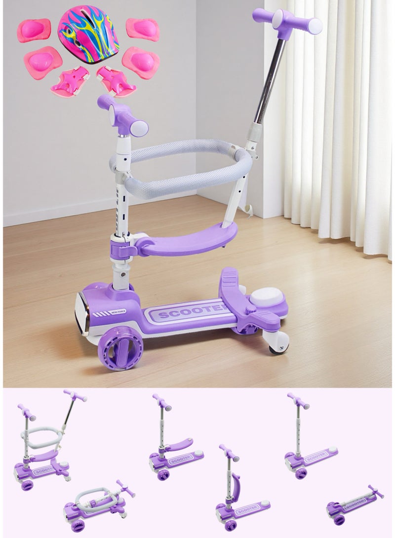 EASY FUTURE 4-in-1 Toddler Scooter with Removable Seat, Foldable Kids Kick Scooter, Adjustable Height & Parent Push Bar, 360° Baby Fence, Three Wheel Scooter for Boys & Girls Ages 1-12 Including Full Protective Gear Set - Image 1