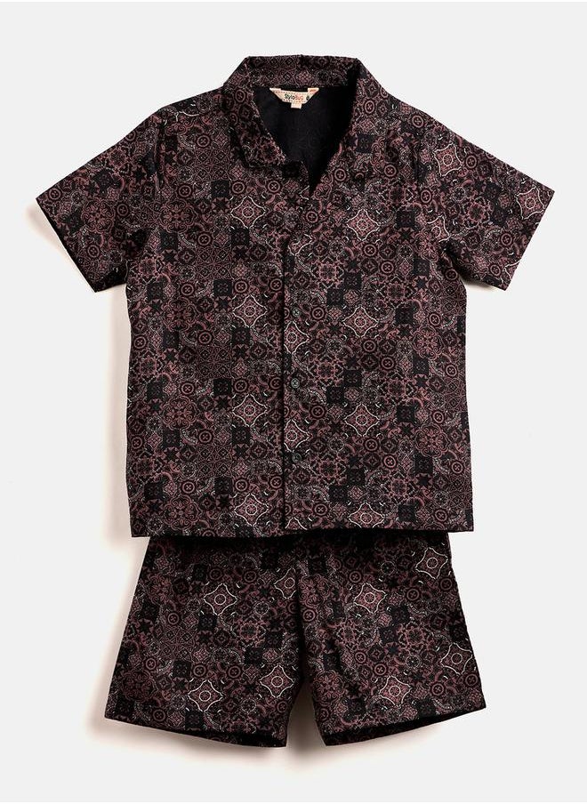 Stylo Bug Boys Brown Rayon Short Sleeve Shirt and Shorts Set by Styli  - Image 1