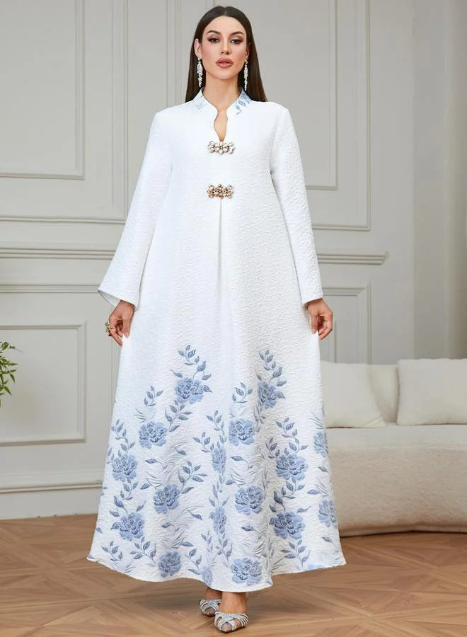 Take Two  White Jacquard Floral Print A-Line Jalabiya for Women | Best Price UAE