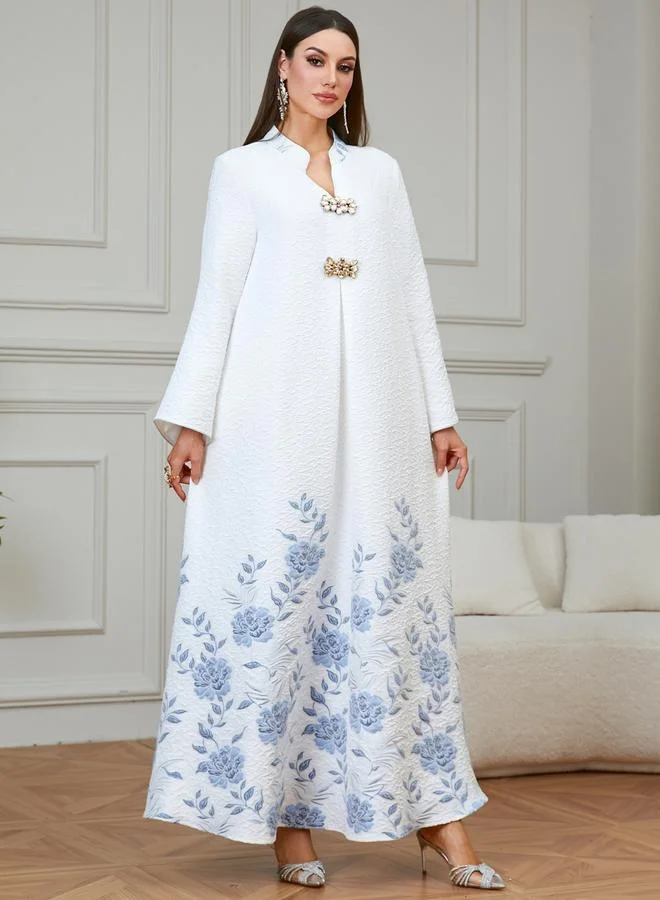 Take Two  White Jacquard Floral Print A-Line Jalabiya for Women | Best Price UAE