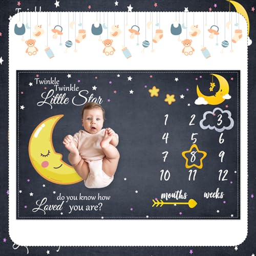 CSFOTO Baby Milestone Blanket 60''x40'' Starry Sky Newborn Month Blanket Star and Moon Newborn Photography Background Prop for Boy & Girl Personalized Shower Present with Frame - Image 4