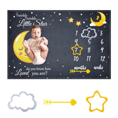 CSFOTO Baby Milestone Blanket 60''x40'' Starry Sky Newborn Month Blanket Star and Moon Newborn Photography Background Prop for Boy & Girl Personalized Shower Present with Frame - Image 1
