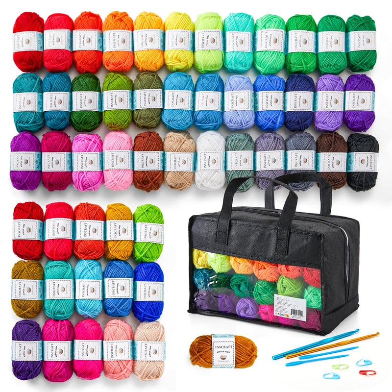 Inscraft 52 Acrylic Yarn Skeins 1820 Yards 52 Colors 2 Crochet Hooks 2 Weaving Needles 10 Stitch Markers 1 Bag for Crocheting Knitting Gift Beginners and Adults