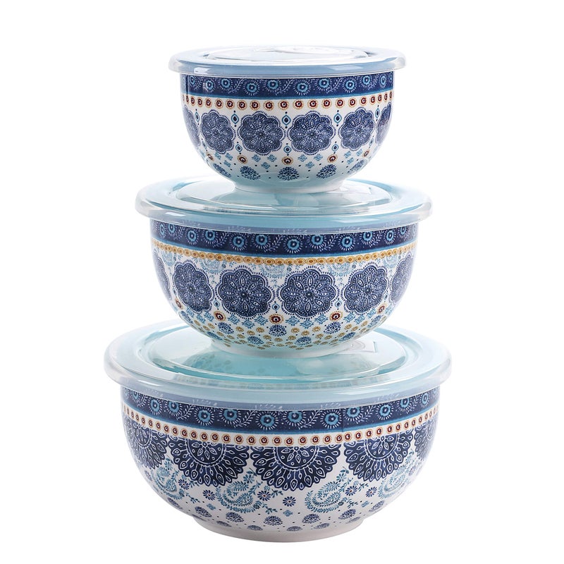Bico Bico Blue Talavera Ceramic Bowl with Air Tight Lid Set of 327oz 18oz 9oz each Prep bowls Food Storage Bowl for Salad Snacks Fruits Microwave and Dishwasher Safe 