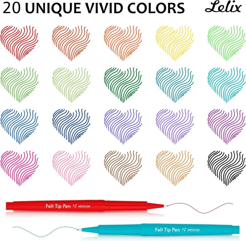 Lelix 20 Colors Felt Tip Pens, Medium Point Assorted Colors Markers Pens For Journaling, Writing, Note Taking, Planner Coloring, Perfect for Art Office and School Supplies - Image 3
