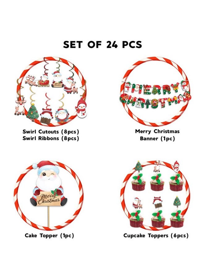 Festiko® Merry Christmas Decoration (24 pcs)- X-Mas Holiday Decor- Festive Party Decor/Winter Mantle Home Decor/Xmas Party Decoration Supplies Combo(Banner,Swirls,Cake Topper,Cup Cake Toppers) - Image 2
