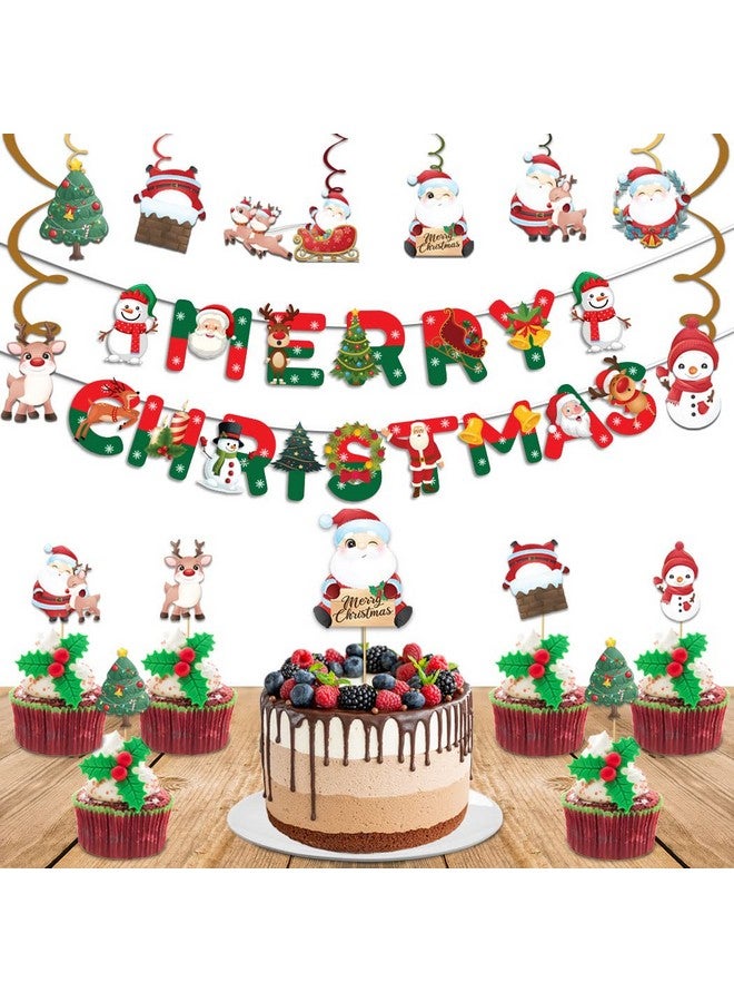 Festiko® Merry Christmas Decoration (24 pcs)- X-Mas Holiday Decor- Festive Party Decor/Winter Mantle Home Decor/Xmas Party Decoration Supplies Combo(Banner,Swirls,Cake Topper,Cup Cake Toppers) - Image 1