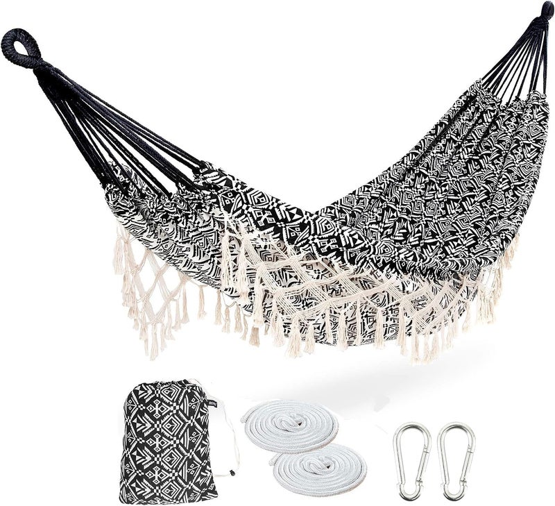 ROOITY Portable Hammock with Tassel,2 Person,Brazilian Tree Hammocks with Carry Bag for Bedroom,Garden,Backyard,Patio,Outdoor and Indoor XX-Large Black/White Woven Cotton Fabric, Up to 450Lbs - Image 1