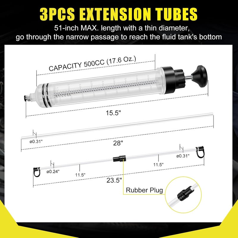 500CC Automotive Fluid Extractor and Fill Pump Manual Oil Change Syringe with Total 51 Inches Long Hose and Extension Tubes, for ATF Coolant Power Steering Fluid Gear Oil Engine Oil, etc. - Image 3