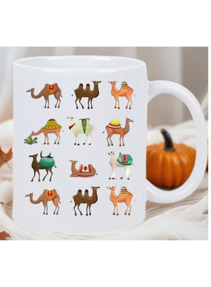 RYN Camel-Themed Ceramic Coffee Mug, White Dishwasher Safe Tea Cup with Arabian Desert Design - Image 1