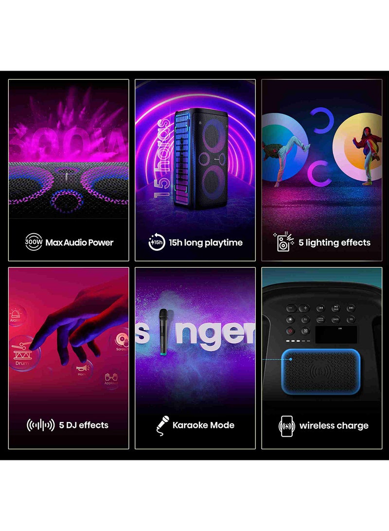 Hisense HP Series 4 Speakers with 2*5.25'' Subwoofer,300W Output Power,Karaoke/Extra Bass/DJ Mode, 5 Light Effect,Car Charger, Build in Handle,IPX4 Splash Proof, Wireless Charge for Phones, Vocal Fader,Up to 15 hrs Playtime, Party Rocker One Black - Image 5
