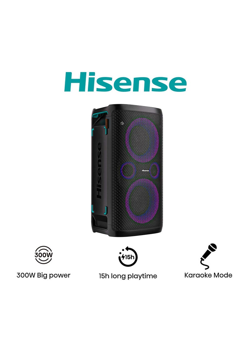 Hisense HP Series 4 Speakers with 2*5.25'' Subwoofer,300W Output Power,Karaoke/Extra Bass/DJ Mode, 5 Light Effect,Car Charger, Build in Handle,IPX4 Splash Proof, Wireless Charge for Phones, Vocal Fader,Up to 15 hrs Playtime, Party Rocker One Black - Image 1